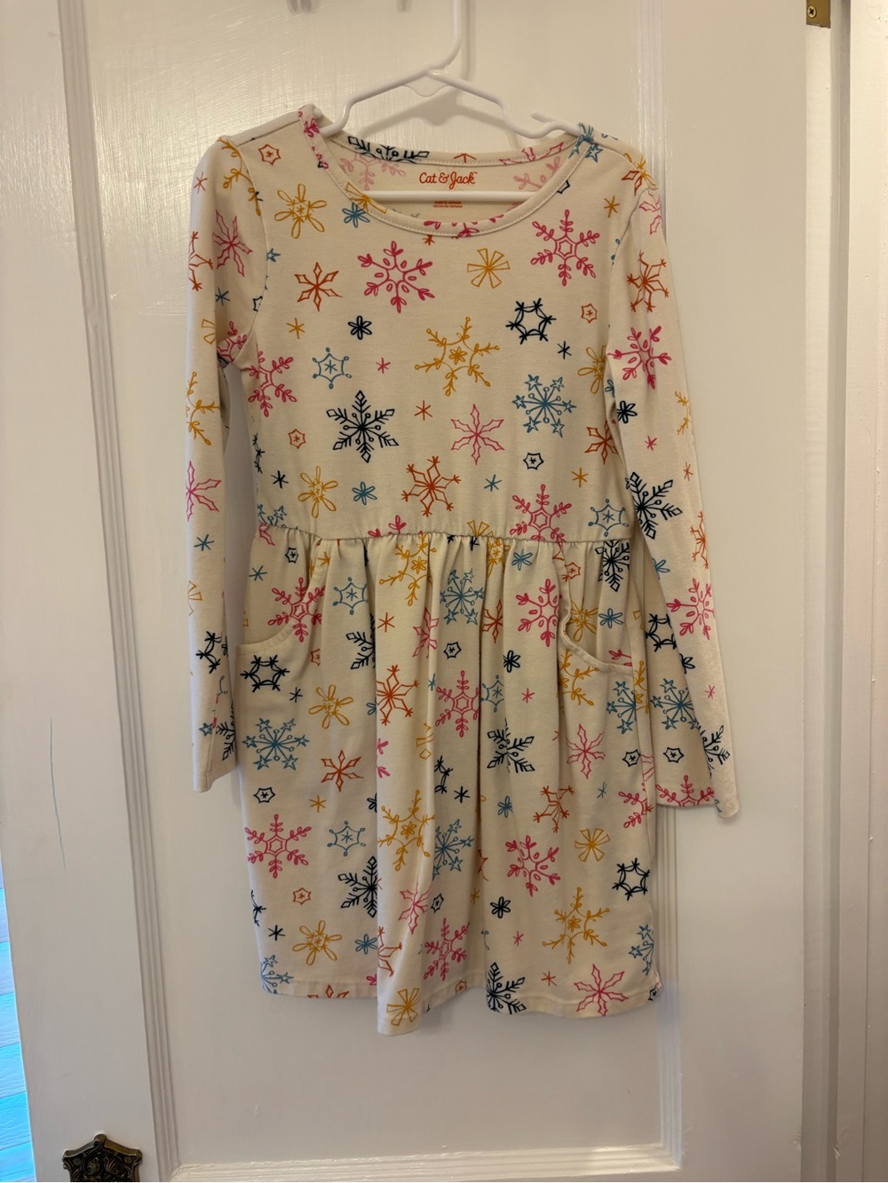 Cat & Jack Cream Dress with Pink, Yellow, Blue & Black Snowflakes